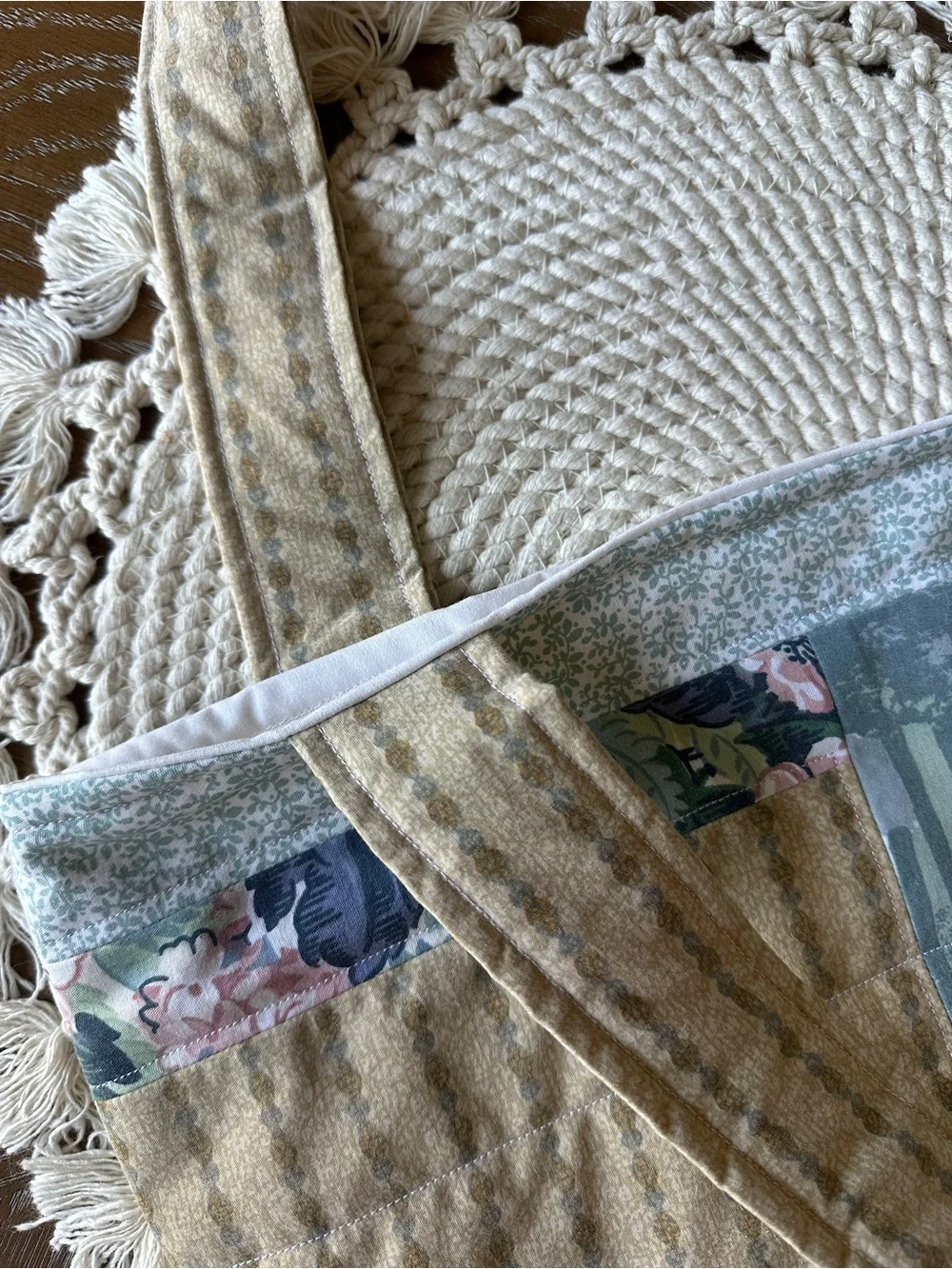 Handmade Patchwork Tote Bag in Blue, Lavender & Cream